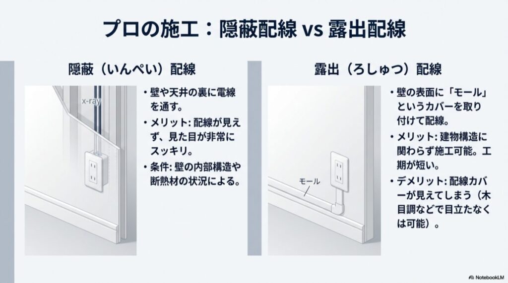壁の中に配線を通す隠蔽配線と、モールを使って壁の表面に配線する露出配線の断面図とメリット比較