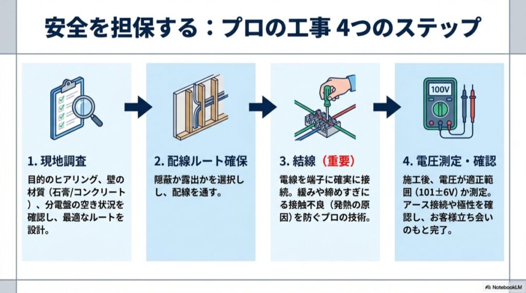 現地調査から配線ルート確保、結線、電圧測定・確認までの電気工事の流れを示したフロー図