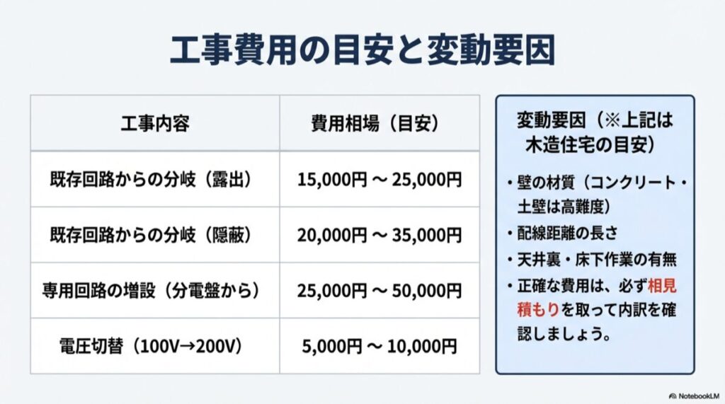 露出配線、隠蔽配線、専用回路増設、電圧切替など、工事タイプ別の費用目安一覧表