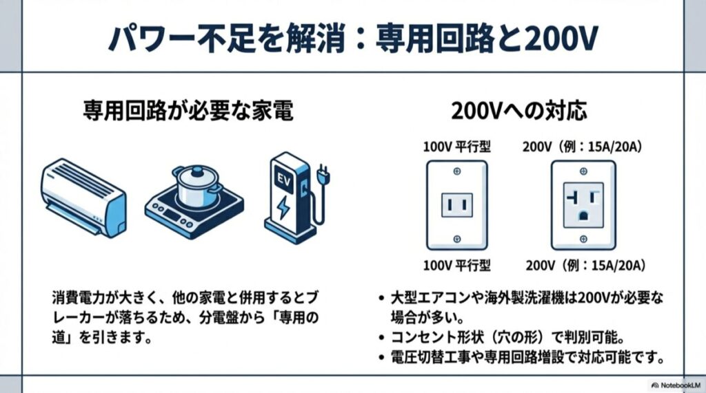 100Vと200Vのコンセント穴の形状の違いと、分電盤から専用回路を引くイメージ図