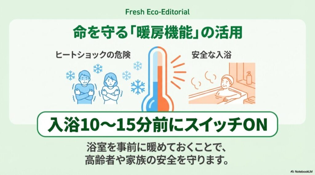 寒さに震える人と、入浴10-15分前の暖房ONによる安全対策の図解