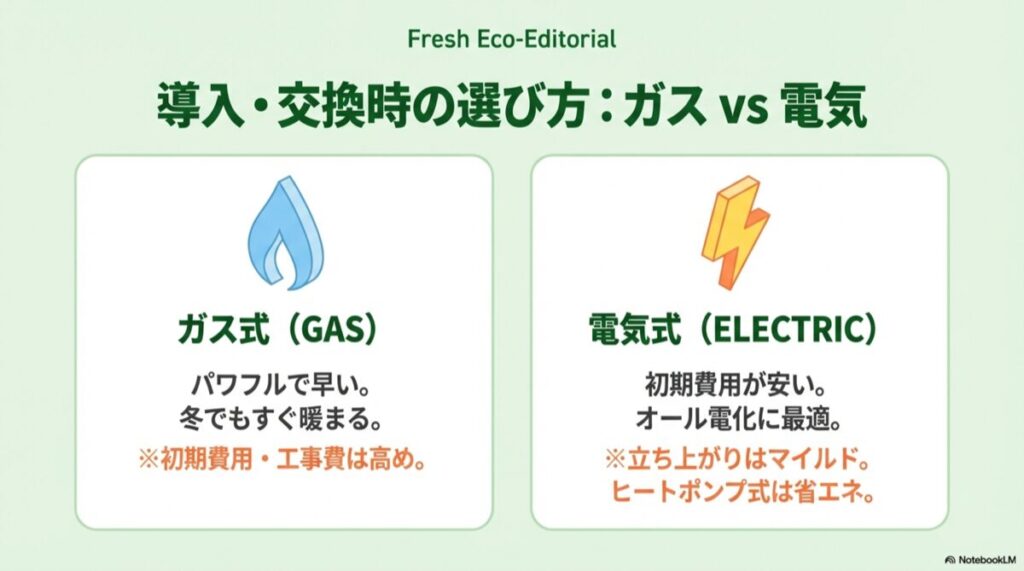 パワフルなガス式と初期費用が安い電気式の特徴比較図