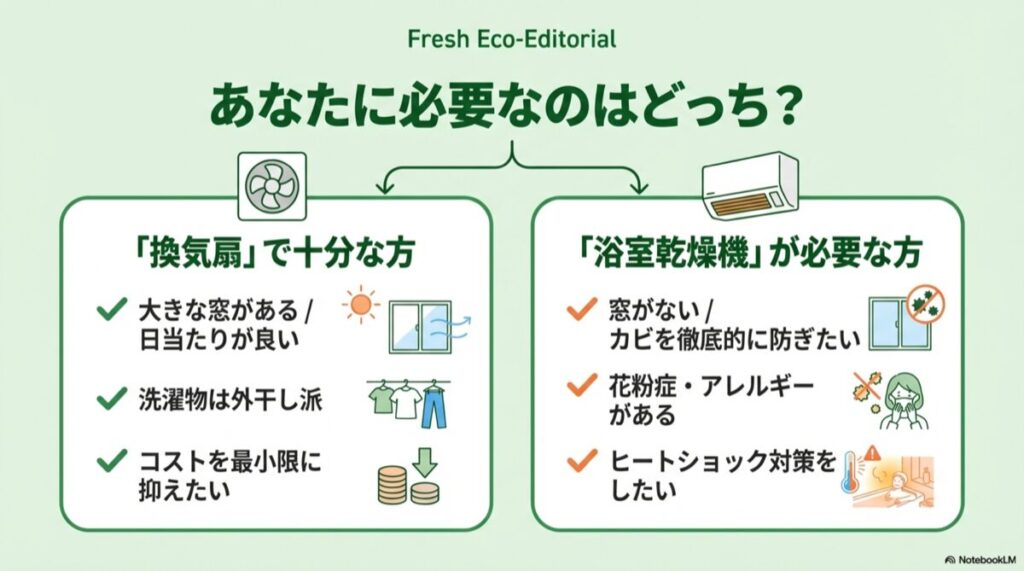 「換気扇で十分な方」と「浴室乾燥機が必要な方」のチェックリスト図