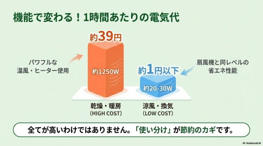 乾燥・暖房（約39円）と涼風・換気（約1円以下）のコスト比較図