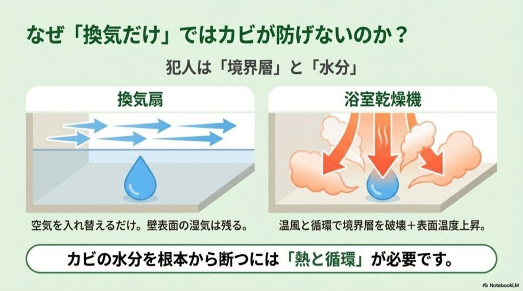 換気扇（空気入れ替えのみ）と浴室乾燥機（温風で境界層を破壊）の違いの図解