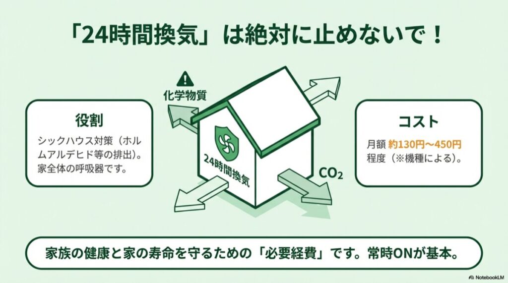 家全体の空気の流れと、CO2・化学物質の排出、月額コストの解説図