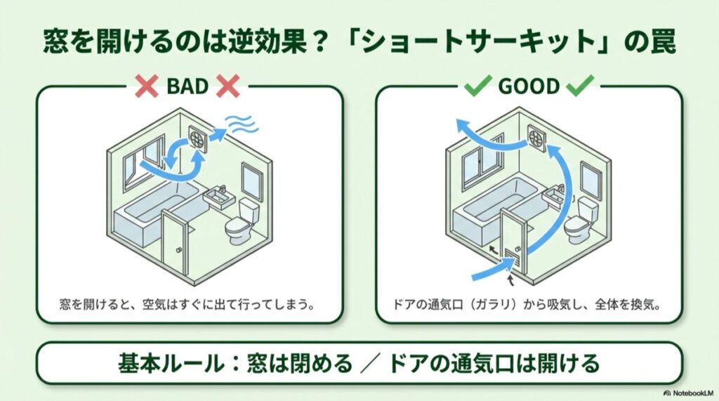 窓を開けた場合の悪い例（ショートサーキット）とドアのガラリを使った良い例の比較