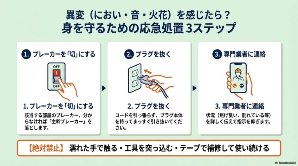 1.ブレーカーを切る、2.プラグを抜く、3.業者へ連絡、の手順を示すイラスト
