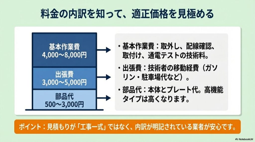 基本作業費、出張費、部品代の内訳を説明するスライド