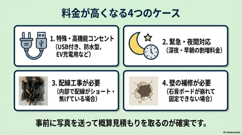 特殊コンセント、緊急対応、配線工事、壁補修が必要なケースのアイコン