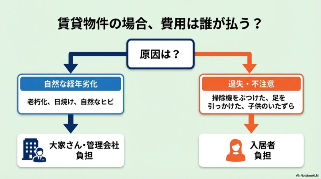 経年劣化は大家負担、過失・不注意は入居者負担であることを示す比較図