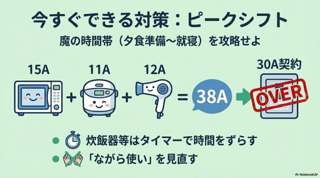 電子レンジ、炊飯器、ドライヤーのアンペア数を足し算し、契約容量オーバーになる様子と、時間をずらす対策の図。