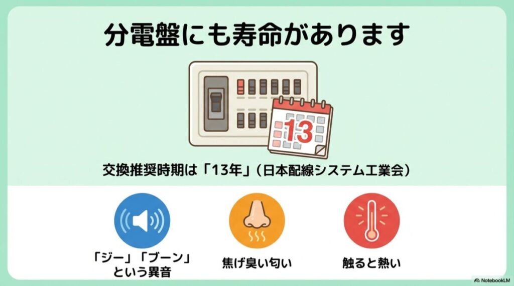 カレンダーに「13」と書かれたイラストと、分電盤から異音や異臭がする危険な状態を示した図。