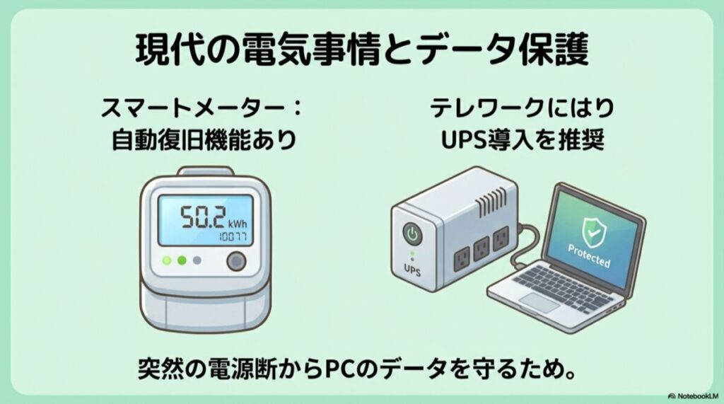 スマートメーターの表示画面と、停電時にPCを守るUPS(無停電電源装置)のイラスト。