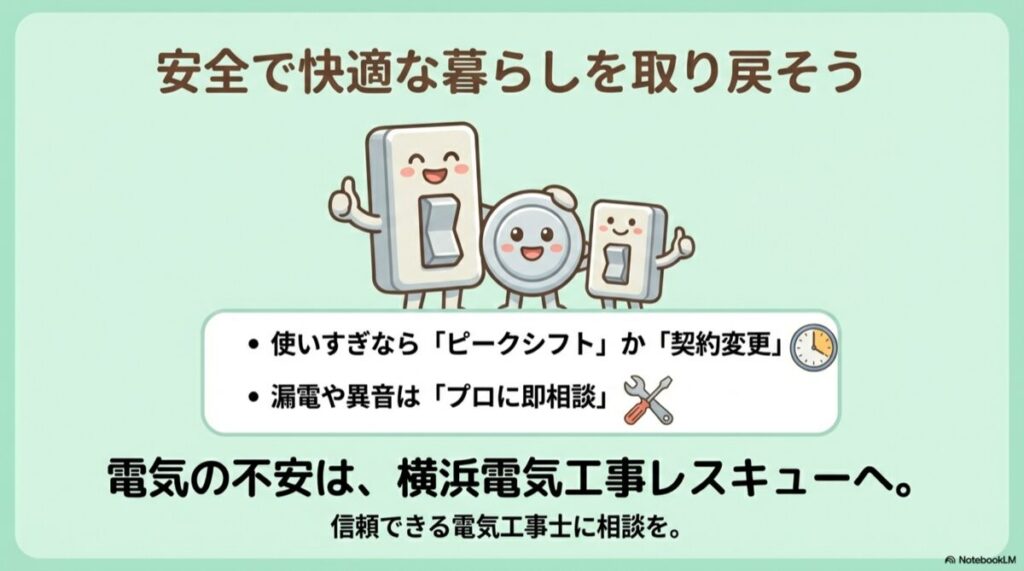 笑顔のブレーカーキャラクターたちが親指を立てているイラスト。「安全で快適な暮らしを取り戻そう」のメッセージ。