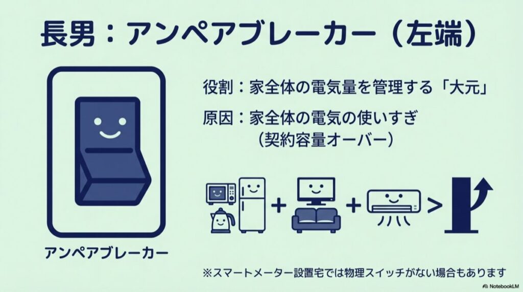 左端にある大きなアンペアブレーカーのイラスト。家全体の電気量を管理する役割を示している。