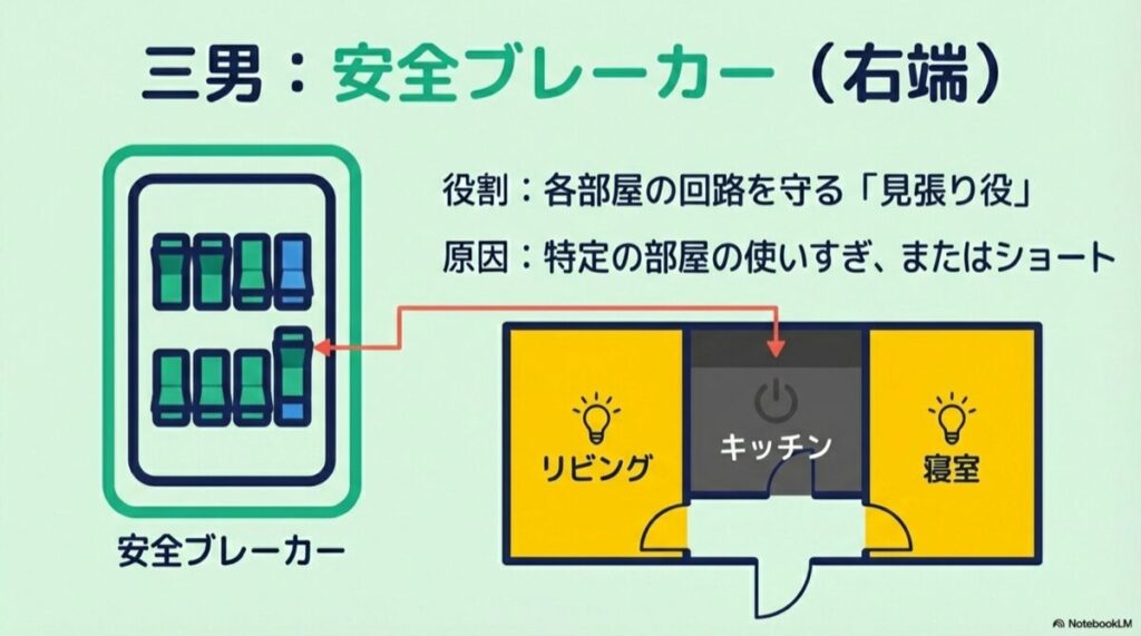 右端に並ぶ安全ブレーカーと、それがリビングやキッチンなどの各部屋に繋がっていることを示す図解。