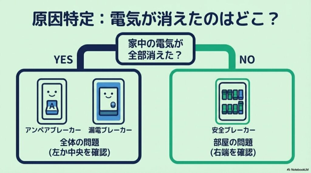 「家中の電気が全部消えた?」という質問から、YESなら全体の問題、NOなら部屋の問題へと分岐するチャート図。