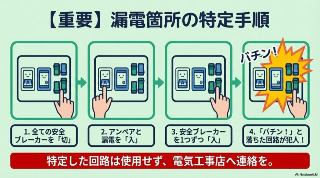 分電盤のスイッチを操作して漏電箇所を特定する手順の図解。安全ブレーカーを一つずつ上げていき、「バチン!」と落ちる箇所を探す様子。