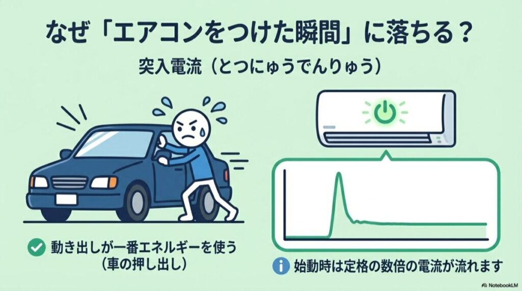 止まっている車を押し出すのに大きな力が必要な様子を描いたイラスト。「動き出しが一番エネルギーを使う」という説明。