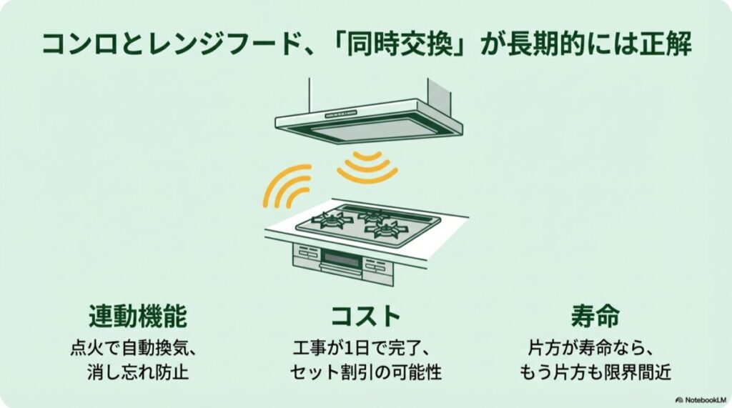 コンロとフードが連動するイメージと、コスト・寿命のメリット図解