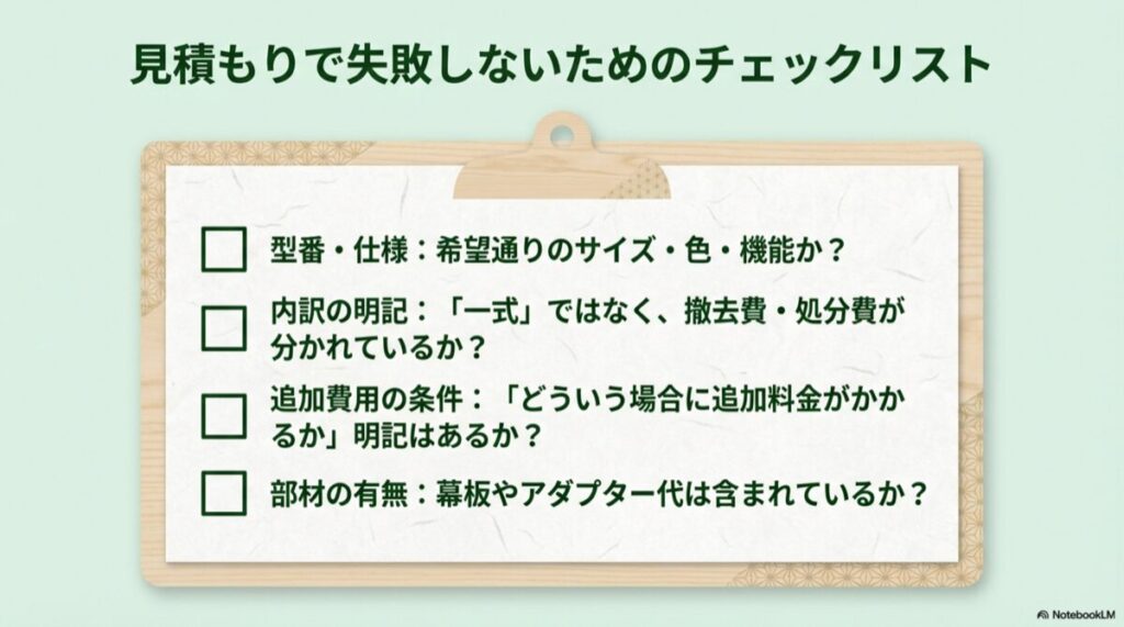 型番、内訳、追加費用の条件などの確認項目リスト
