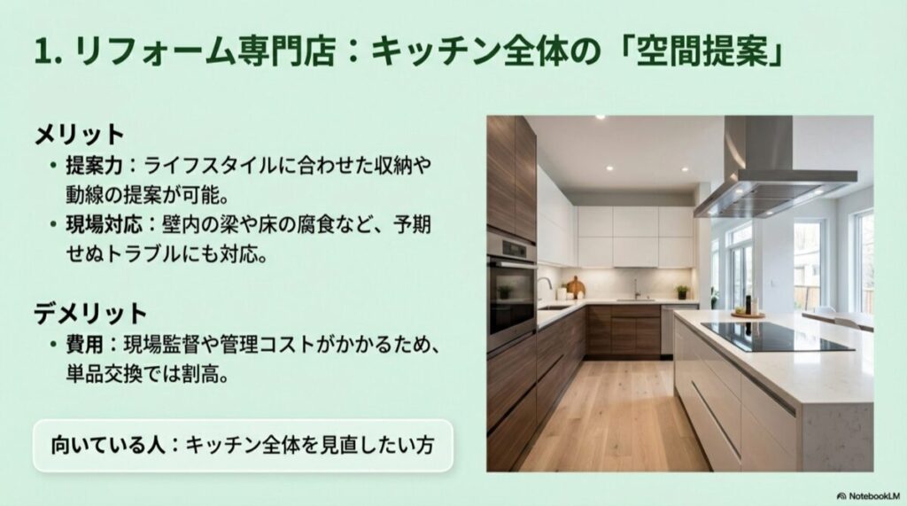 キッチンの空間提案と、現場対応、費用に関する特徴のまとめスライド
