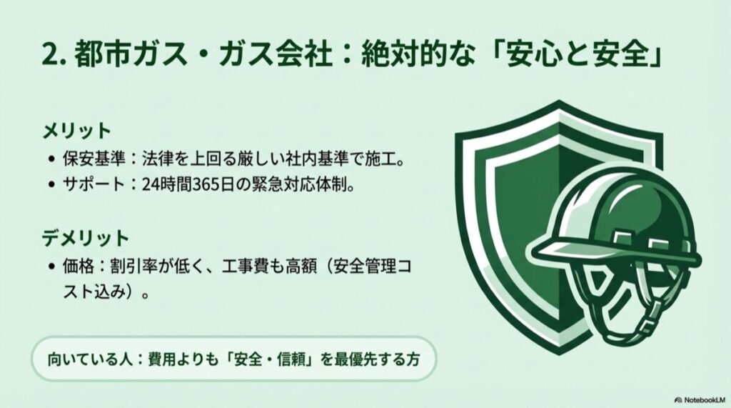 盾とヘルメットのアイコン、保安基準やサポート体制の強みのまとめ