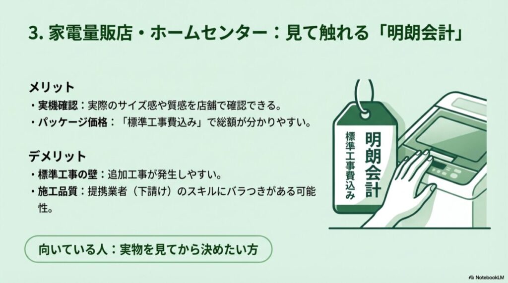 標準工事費込みのタグと、実機確認ができるメリットの図解