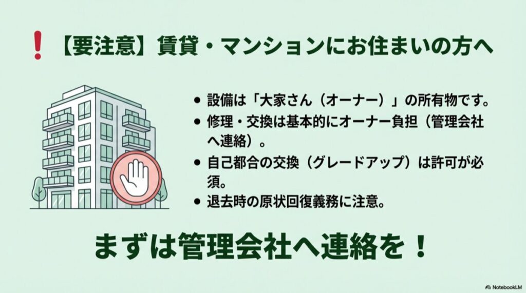 マンションと「止まれ」の手のマーク、管理会社への連絡を促す図