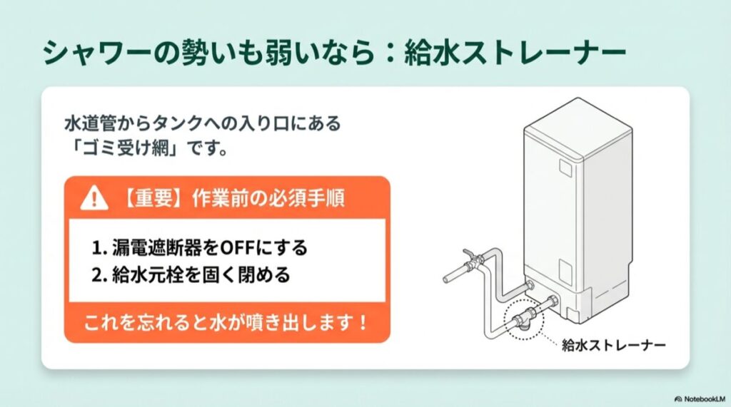貯湯タンクの足元にある給水ストレーナーの位置図と作業前の注意書き（漏電遮断器OFF、給水元栓閉）