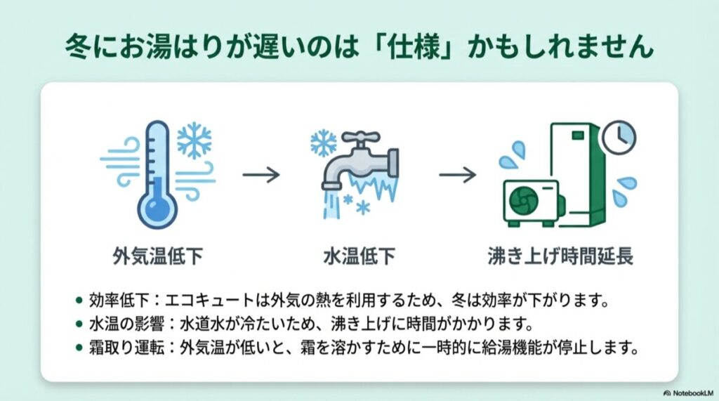 外気温低下、水温低下、霜取り運転によって沸き上げ時間が延びるフロー図