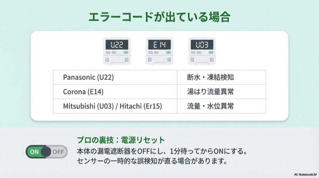 パナソニック、コロナ、三菱、日立の代表的なエラーコードと意味のまとめ