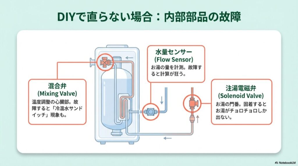 貯湯タンク内部の構造図と、各センサー・弁の故障時の症状説明