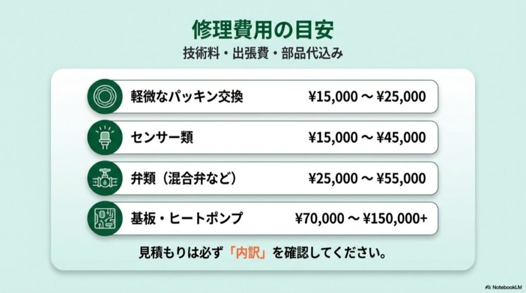 部品ごとの修理費用の相場（1.5万円〜15万円以上）をまとめたリスト