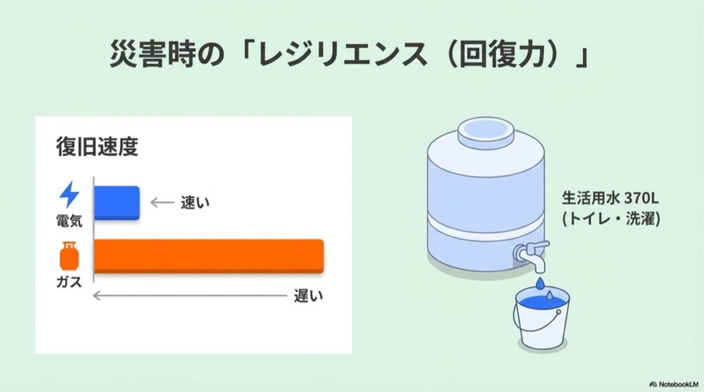 電気の復旧が速く、ガスの復旧が遅いことを示すバーチャートと、タンク内の生活用水370Lの注釈