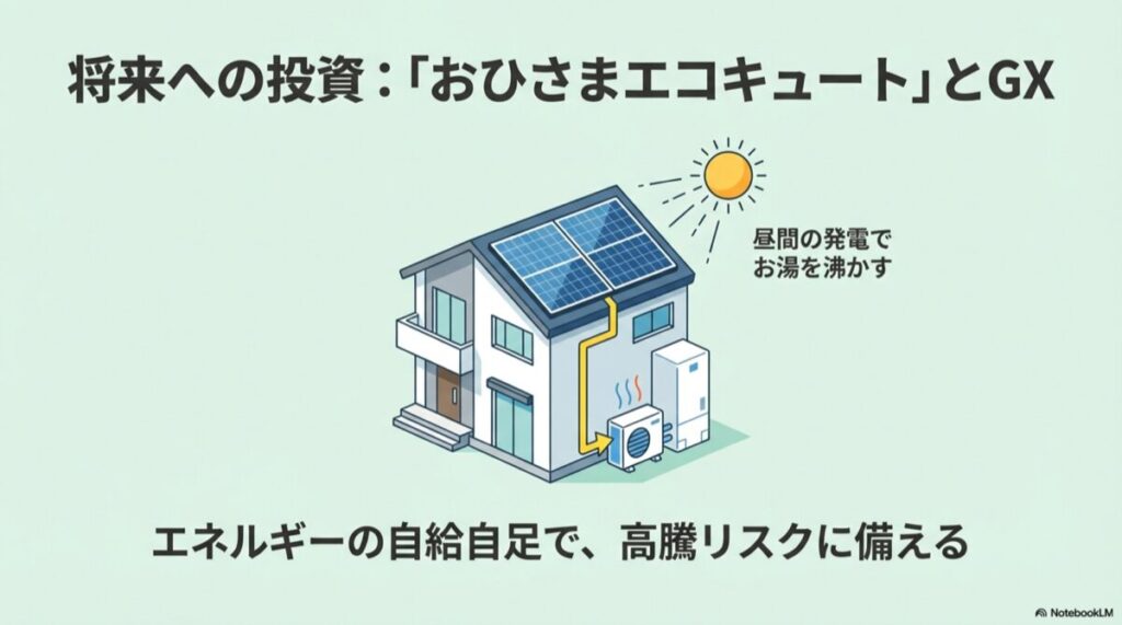 屋根に太陽光パネルがある家で、昼間の発電を利用してお湯を沸かすエコキュートのイメージ図