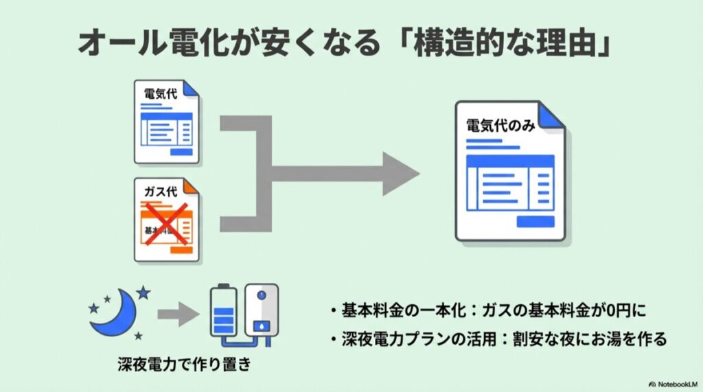 左側に電気とガスの基本料金が分かれている図、右側に電気代のみに一本化され深夜電力を活用する図