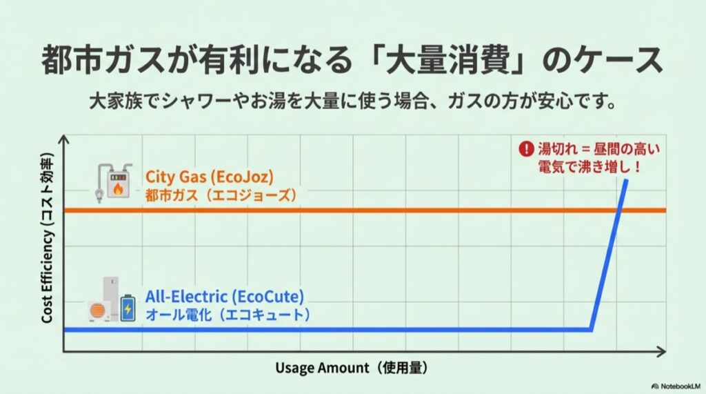 都市ガス（エコジョーズ）とオール電化（エコキュート）の効率・コスト・使用量の関係を示した比較図