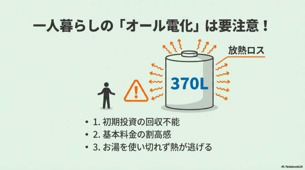 370Lの貯湯タンクから熱が逃げている様子と、注意を促すビックリマークのイラスト