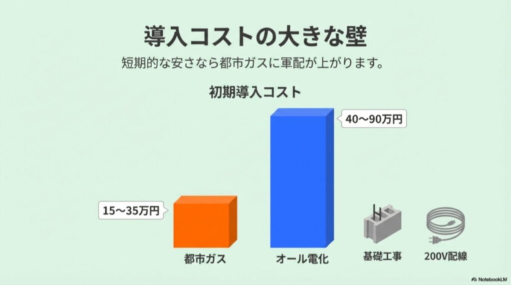 都市ガスの導入費用（15〜35万円）とオール電化の導入費用（40〜90万円）を棒グラフで比較した図
