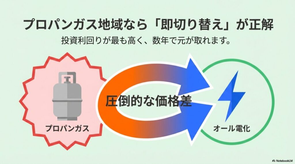 左にシンプルなガス給湯器、右に基板やコンプレッサーなど複雑な部品を持つエコキュートの内部構造図