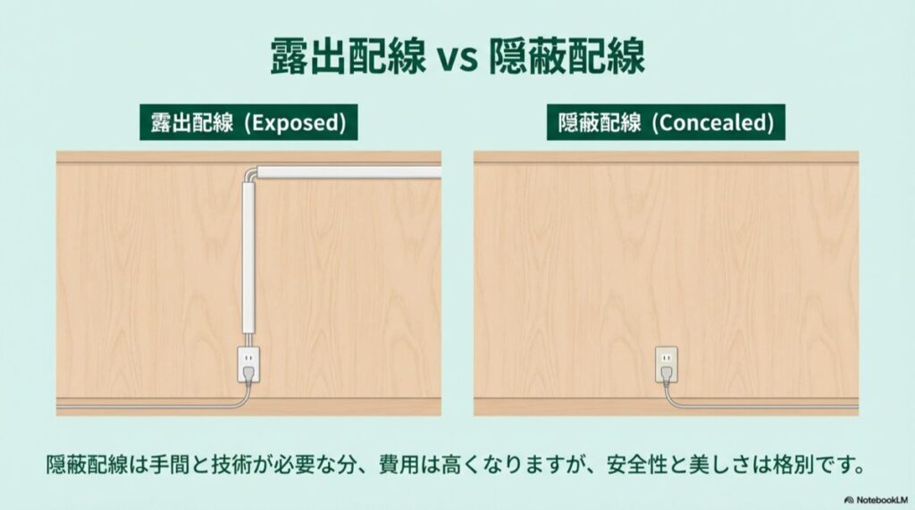 モールが見える露出配線と、配線が一切見えない隠蔽配線の仕上がり比較図