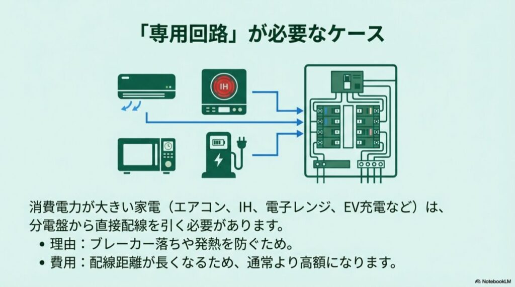 エアコン、IH、レンジ、EV充電器が分電盤に直結されている配線図