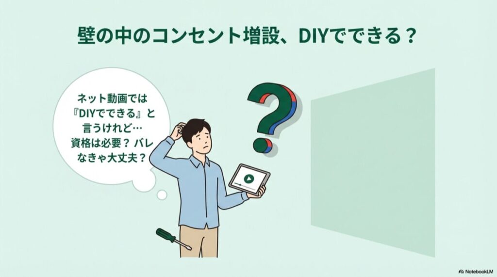 タブレットで動画を見ながら、壁のコンセント増設に悩む男性のイラスト