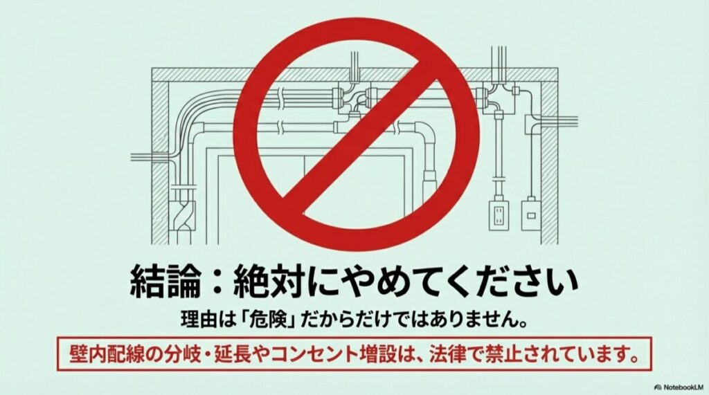 壁の中の複雑な配線図に大きな赤い禁止マークが重なっている図