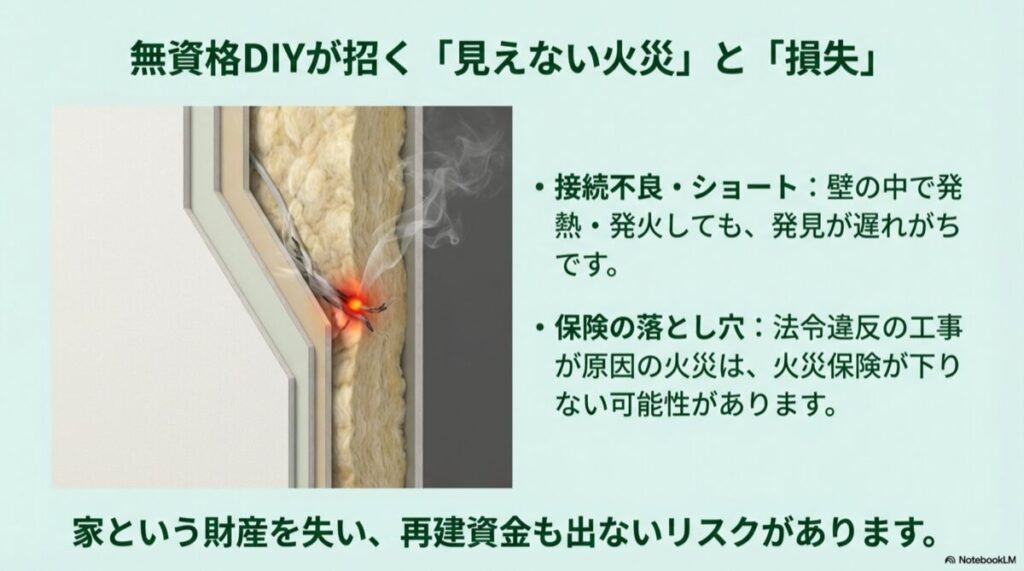 壁の内部で電線がショートし、断熱材から煙と火が出ている断面図