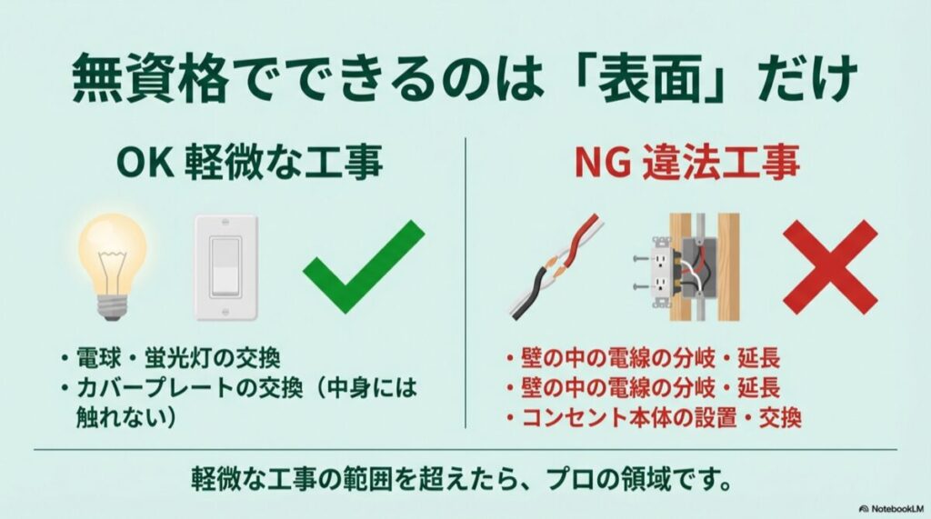 電球交換やプレート交換はOK、壁内分岐やコンセント設置はNGと示された比較図