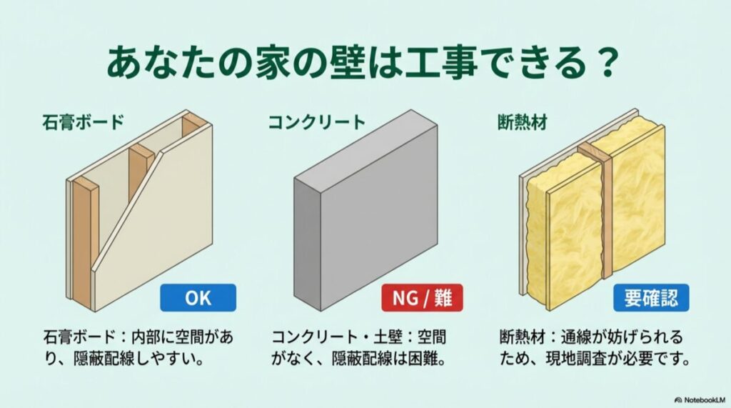 石膏ボード(OK)、コンクリート(NG/難)、断熱材(要確認)の内部構造図