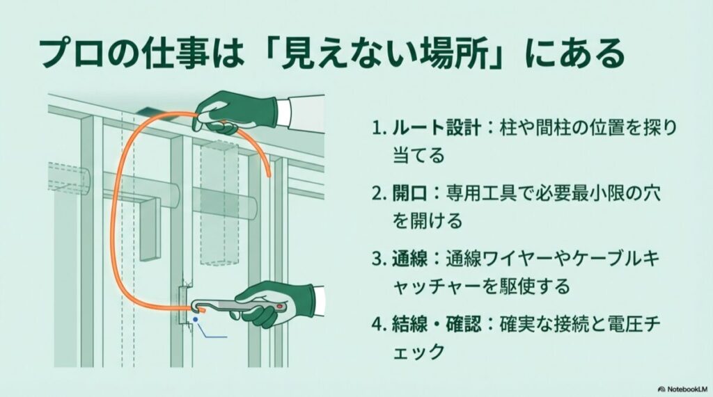 壁の裏側に通線ワイヤーを通し、慎重に配線を誘導するプロの作業風景イラスト